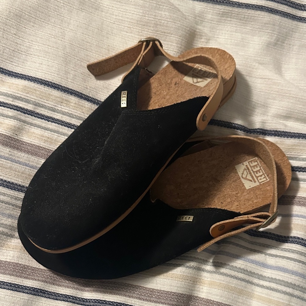 Reef Black Suede Backstrap Clogs with Tan Cork Footbed